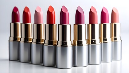 Obraz premium Row of Colorful Lipsticks in Metallic Cases on White Background.