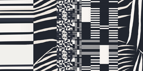 Abstract geometric shapes and leaves collage striped pattern. Dynamic contemporary print. Fashionable template for design. 