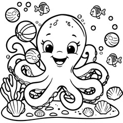 Adorable Smiling Octopus Underwater Coloring Page for Kids to Enjoy