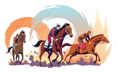 Jockeys riding racehorses on a fast speed, flat style vector illustration. Horse racing tournament
