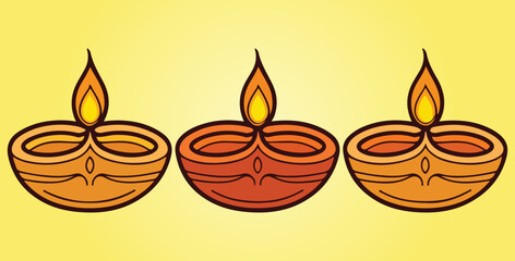 A set of three beautifully illustrated traditional clay diyas with burning flames
