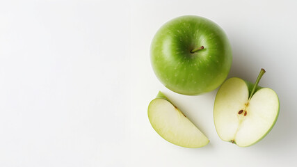 Green apple with slices on white background. Healthy eating and fresh fruit concept.  
