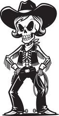 A bold black and white illustration of a skeleton wearing a cowboy hat and vest, holding a lasso, perfect for adding a rugged, Western, or spooky flair to designs
