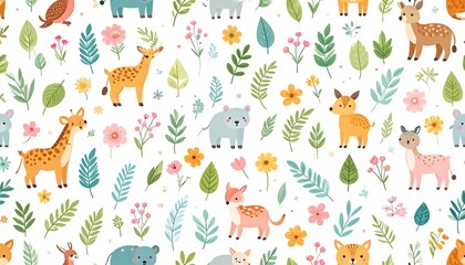 Cute Animal Floral Seamless Pattern.