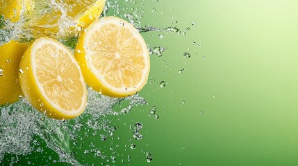 Lemon and water splash background, lemon slices flying on a green background