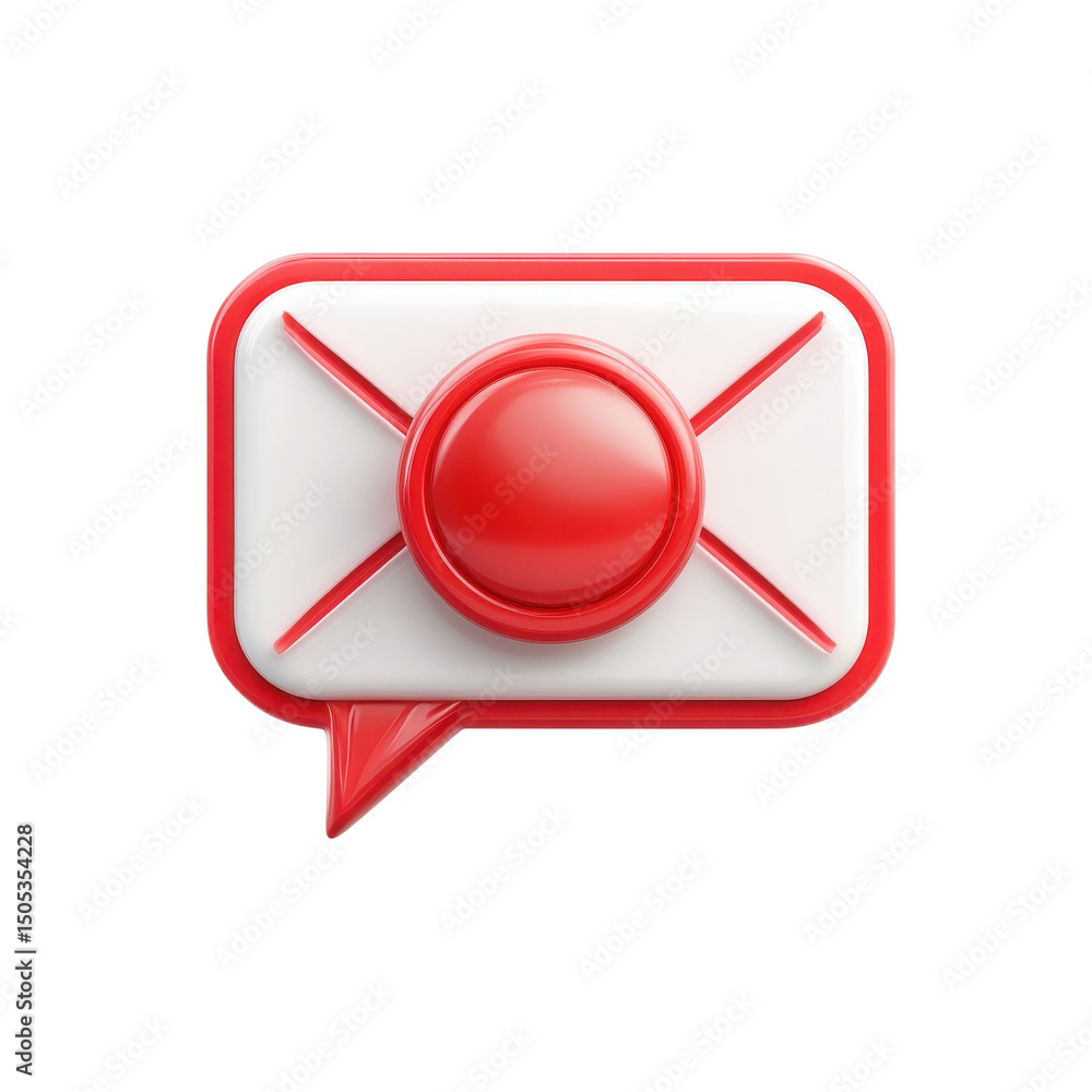 Poster a glossy red notification icon representing an unread message signaling on transparent background