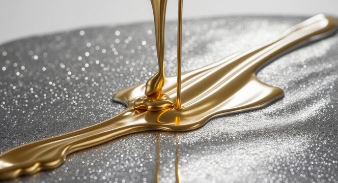 Golden Liquid Splashing on a Sparkling Silver Surface, Abstract Shiny Background.