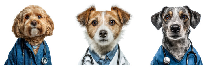 Set of dog doctor with stethoscope and apron look at the camera isolated on a transparent background