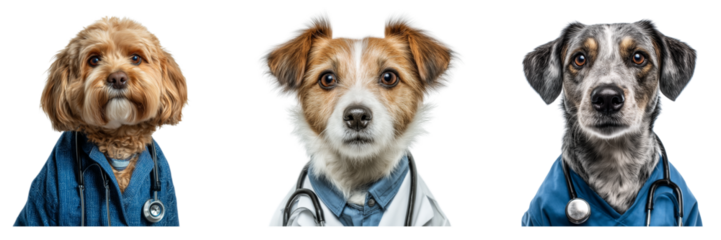 Set of dog doctor with stethoscope and apron look at the camera isolated on a transparent background