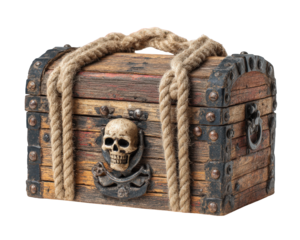Pirate themed treasure chest made of wood, featuring skull emblem and adorned with ropes. This chest evokes sense of adventure and mystery, perfect for treasure hunts or themed decor