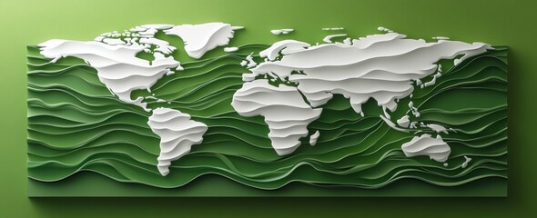 Abstract digital art of white world map on green background with textured wave-like lines conveying depth and dimension
