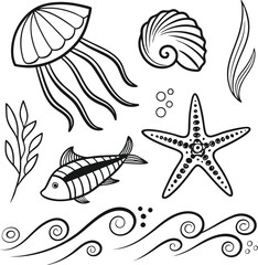 A seamless vector pattern with a set of marine animal and shell illustrations
