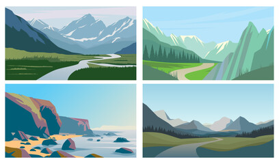 Fototapeta na wymiar Mountain landscapes, beautiful set of mountain and rocky vector landscapes. Amazing landscapes of mountain nature, ocean beach, winding river, steppes and forests. Adventure in nature. Rocky beach.