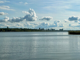 Naberezhnye Chelny from the bank of the Kama River on a sunny summer day, Russia