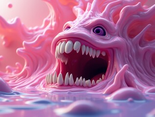 Naklejka premium Monster mouth with geometric teeth in clean pink-purple gradient design