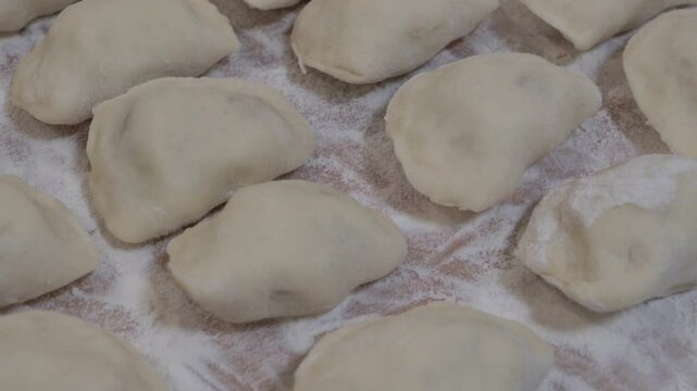 raw dumplings with flour, homemade dumplings lie folded in rows