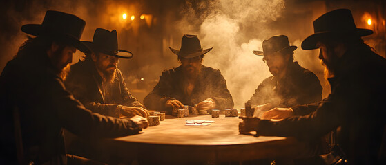 Ghostly cowboys gathered around a dimly lit poker table in a haunted saloon playing cards on an eerie Halloween night in the old Wild West Supernatural atmosphere with smoke shadows and a spooky