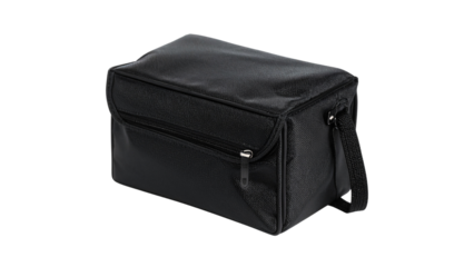 A single, elegant black leather briefcase with a handle, suitable for business travel or carrying documents and a laptop, often alongside a matching wallet