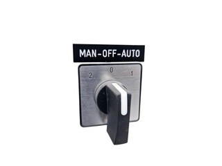 Industrial selector switch with manual, off, and auto modes, used for control panels and automation systems. Suitable for industrial themes, automatic control, or machine automation. White background