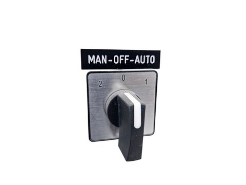 Industrial selector switch with manual, off, and auto modes, used for control panels and automation systems. Suitable for industrial themes, automatic control, or machine automation. White background