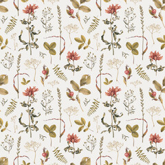 Elegant hand drawn pattern design with illustrations of dried herbs, leaves and flowers. Perfect for home textile, wallpapers, fabrics, apparel, packaging design, stationery and other printed goods