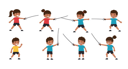 Joyful Children Fencing Diverse Group Action Poses