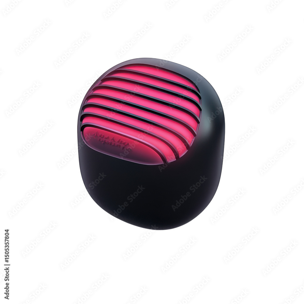 Poster a glowing red ribbed orb embedded in a sleek dark shell suspended on transparent background