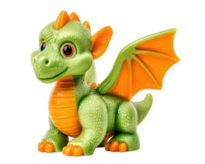 Colorful plastic toy dragon with bright green scales, orange wings, and large expressive eyes, perfect for imaginative play and decoration. This charming dragon figure captures essence of fantasy