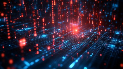 Abstract digital network design with vibrant red and blue light patterns.