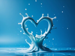 Milk Splash Heart Shape on Blue Background. Fluid Motion and Abstract Design.