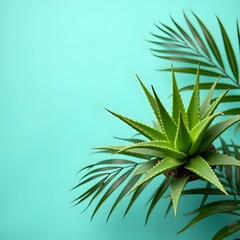 Fototapeta premium Serene Aloe Gel Oasis: Resting on Lush Palm Leaves