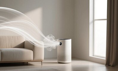Air Purifier with Visible Airflow Circulation Pattern in Modern Living Room with Sofa and Window