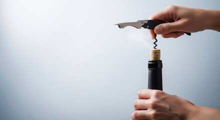 hands using a corkscrew to open a bottle of wine, with a subtle wisp of vapor or cork dust escaping  Ample empty space is provided on the left for text