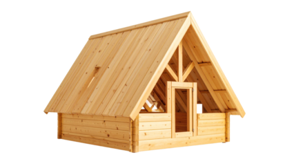 Small wooden toy house model, a symbol of home and property, isolated on white with a detailed roof and windows, perfect for real estate and architectural design concepts