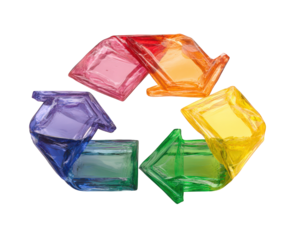 Colorful plastic recycling symbols arranged in circular pattern, showcasing vibrant hues of red, orange, yellow, green, blue, and purple. This emphasizes importance of recycling and sustainability