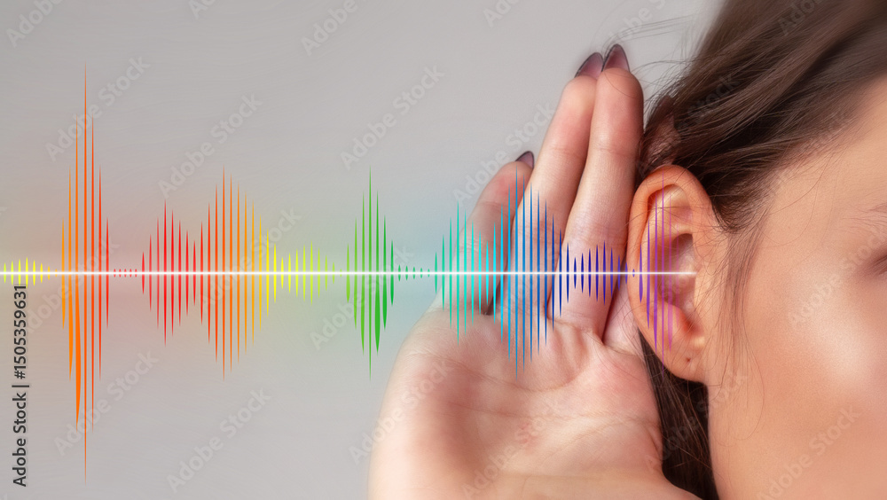 Poster listening to sounds and frequencies with waves in various colors at a studio setting