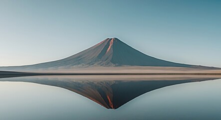 Serene Mountain Reflection. A Volcanic Peak Mirroring in Calm Waters, Peaceful Scene.