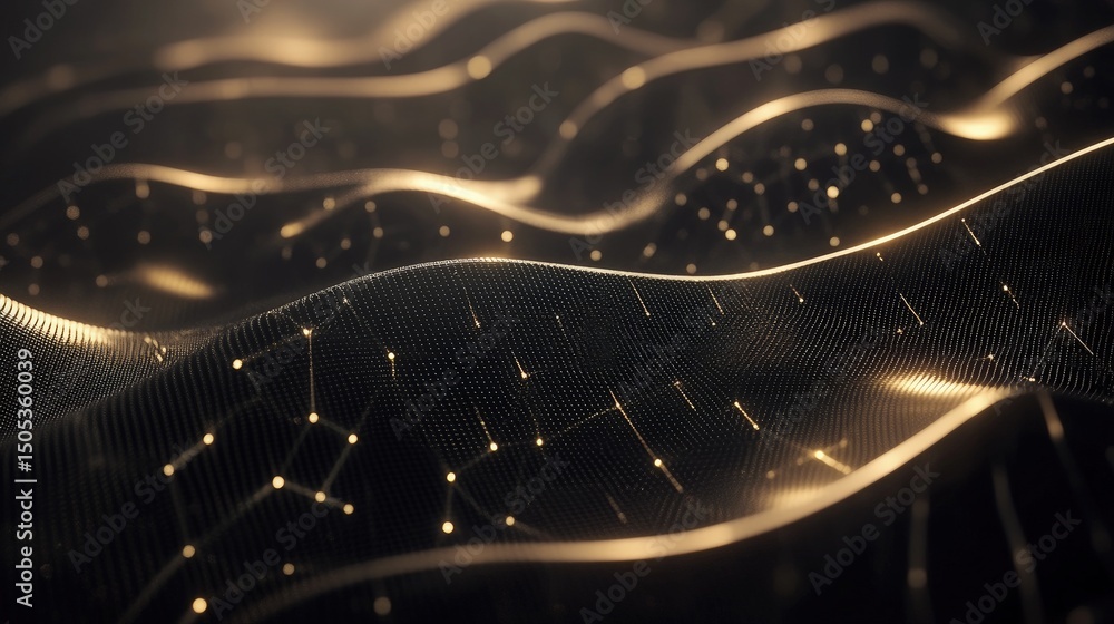 Poster abstract golden waves with interconnected nodes, creating a flowing, network-like pattern