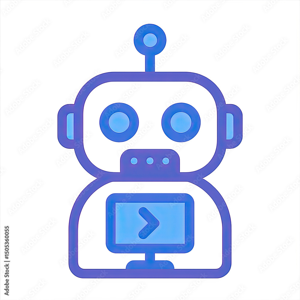 Poster blue neon robot with computer screen on transparent background