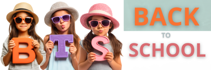 back to school banner with cool schoolkids holding BTS element isolated over white (trasparent) backround; group of cute, happy 9-year-old girls in summer hats and sunglasses