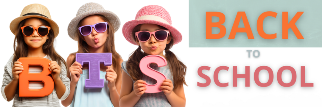 back to school banner with cool schoolkids holding BTS element isolated over white (trasparent) backround; group of cute, happy 9-year-old girls in summer hats and sunglasses