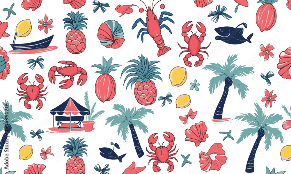 Fototapete Modern vector illustration style featuring various hand-drawn summer themes, easily editable and scalable.
