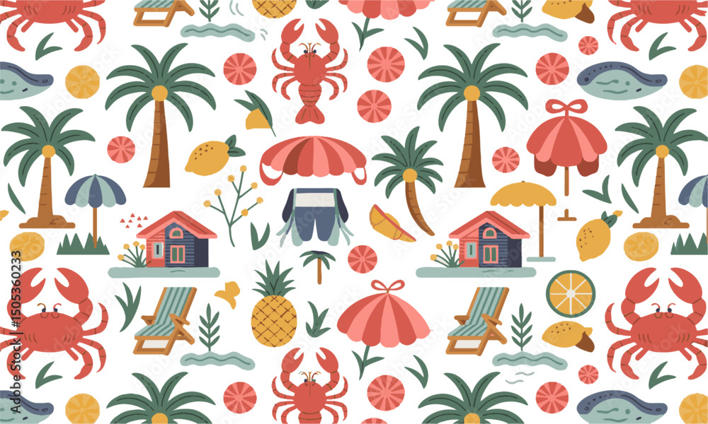 Fototapete modern vector illustration style featuring various hand-drawn summer themes, easily editable and sca