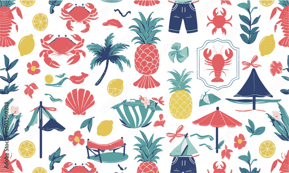 Fototapete modern vector illustration style featuring various hand-drawn summer themes, easily editable and sca