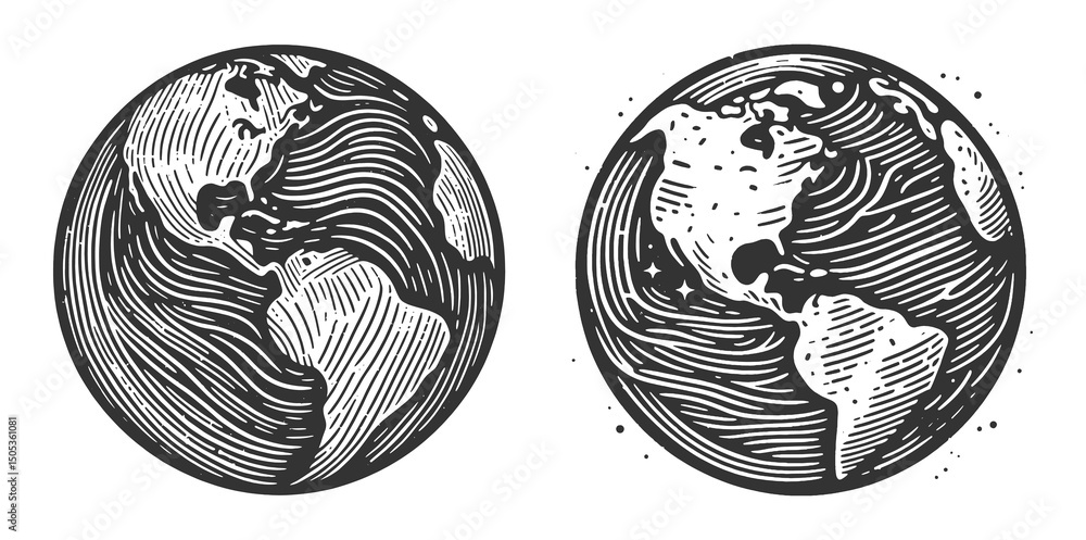 Poster earth globe set collection bundle sketch engraving generative ai raster illustration. scratch board 