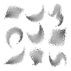 A set of elements.Abstract dotted halftone shape collection. Black and white digital halftone gradient pattern. Elements on white background for business, education and technology. 