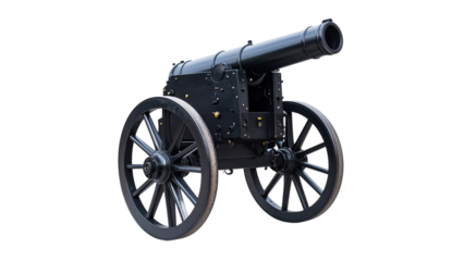 An old military cannon with a wooden wheel and metal barrel, an antique war weapon, isolated on a white background