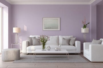 A modern living room with a lavender wall and white furniture.