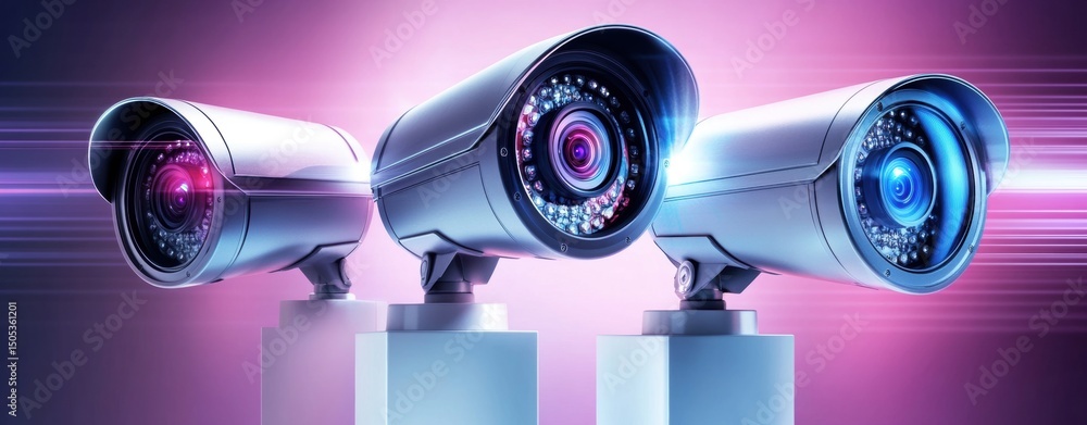 Poster digital illustration of triangular arrangement of security cameras on white pedestal with futuristic