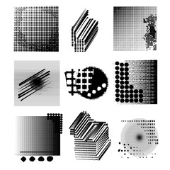 Set dot, pixel, wave, contemporary stripe line art, geometric shape in monochrome. Art form design for wall art, decoration, wallpaper.